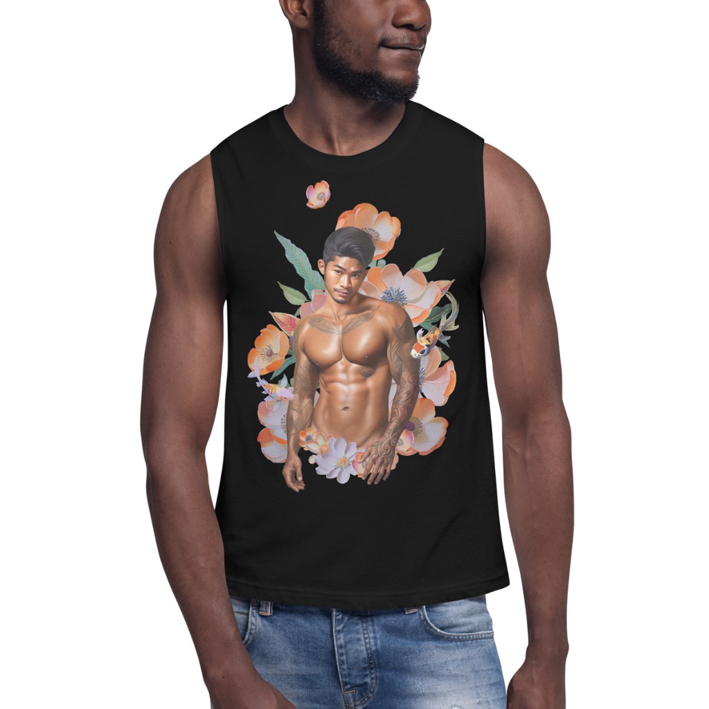 Torso shot of black Himbo Dustin muscle shirt on white seamless — denim, vibrant koi and hibiscus print