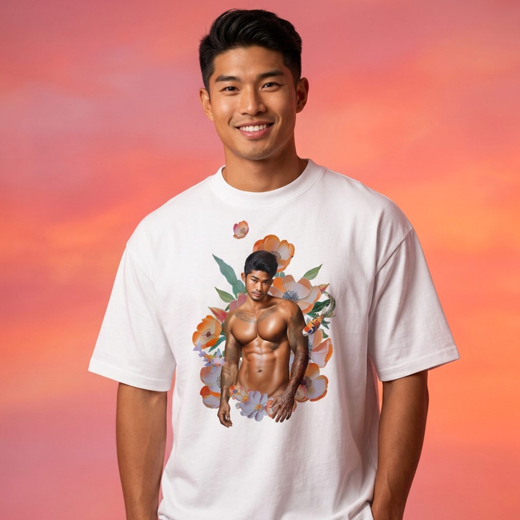 Smiling model in white Himbo Dustin organic oversized tee — sunset glow, tattooed chest print with hibiscus and koi