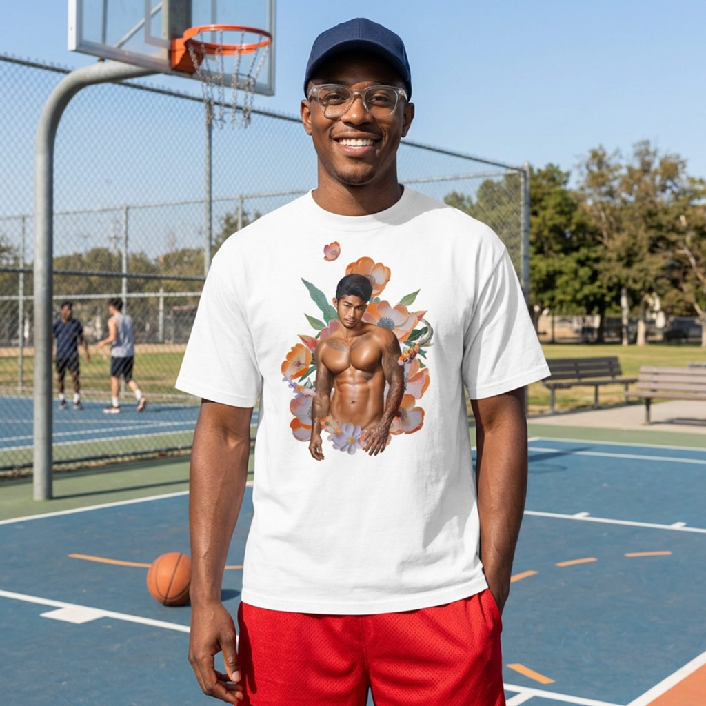 Model on outdoor basketball court in white Himbo Dustin oversized tee — bold floral koi graphic, sunny streetwear