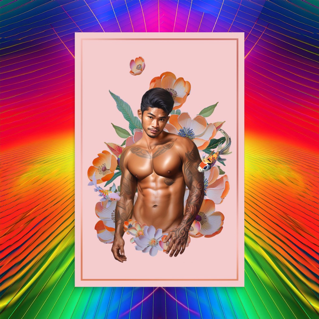 Model holding Himbo Dustin photo poster — pink border floral koi print scale reference
