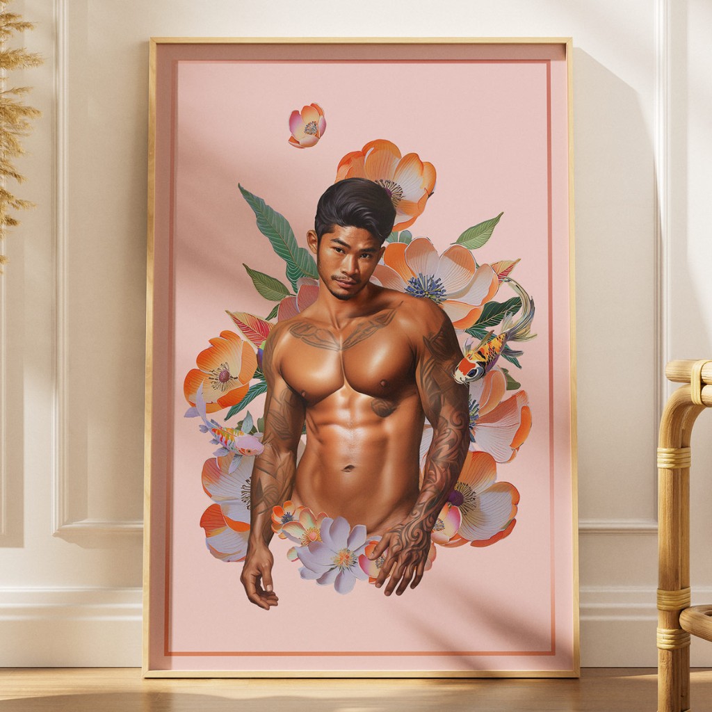 Himbo Dustin poster mockup on rainbow radiating-line studio backdrop — Gayer Things photo print