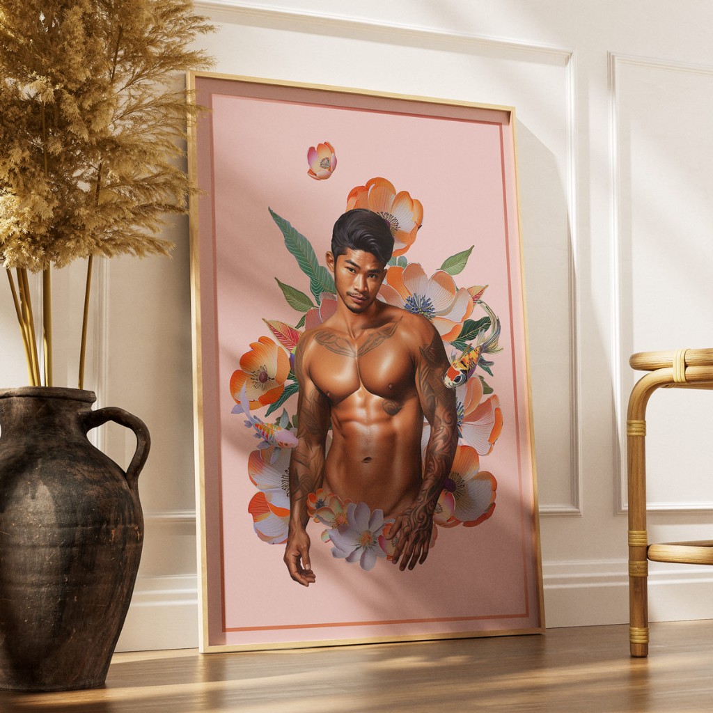 Large gold-framed Himbo Dustin poster leaning on white paneled wall — koi and floral tattoo portrait on pink, pampas grass vase, hardwood floor