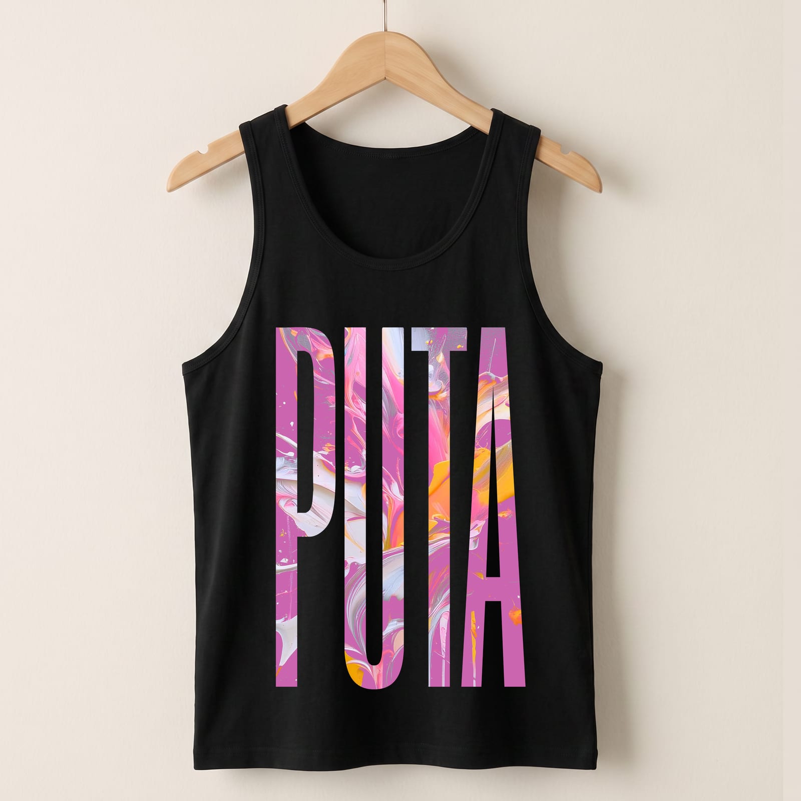 Black PUTA graphic tank top on a hanger.