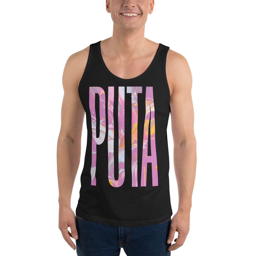 Model wearing a black queer graphic tank top.