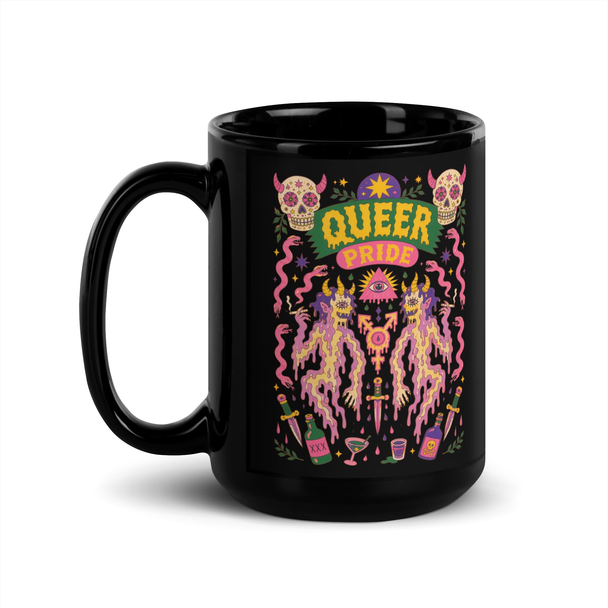 Gayer Things Queer Pride black mug on a desk with plants — queer-owned drinkware lifestyle
