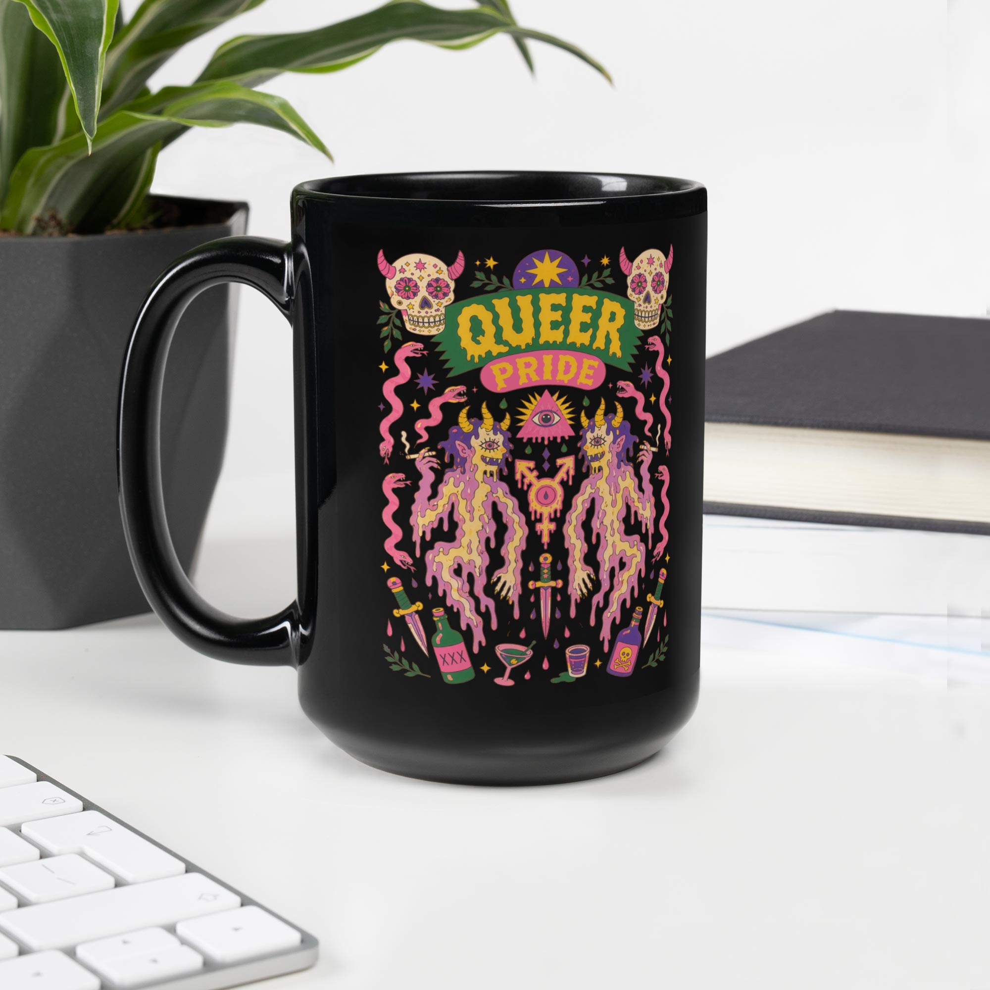White-background product shot of Gayer Things black Queer Pride glossy mug