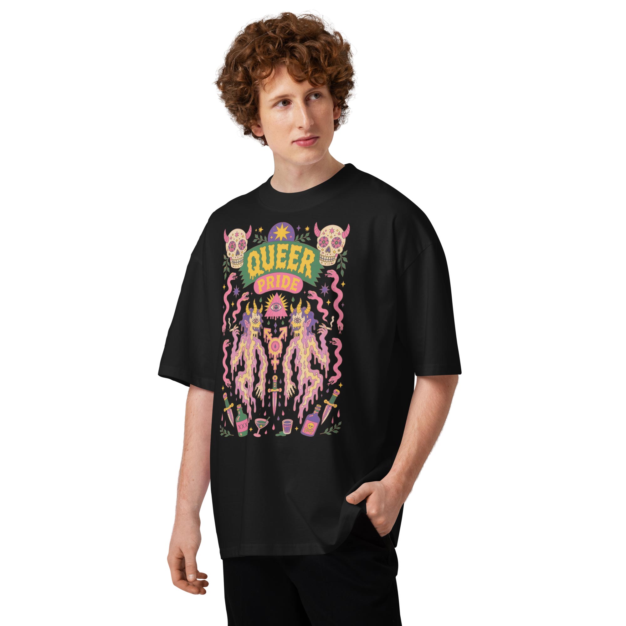 Black Gayer Things Queer Pride organic oversized tee flat lay — fabric and trippy illustration detail
