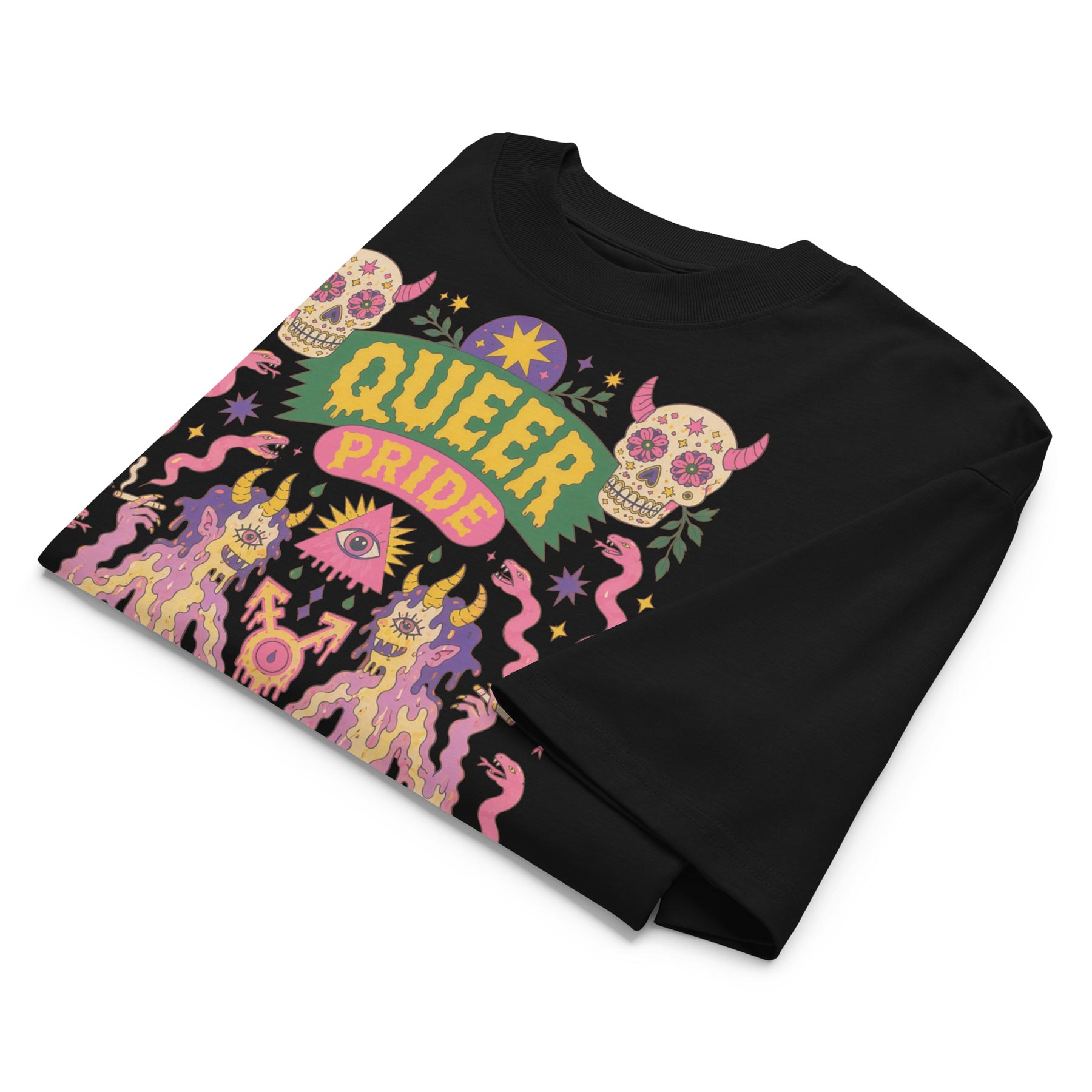 Black Gayer Things Queer Pride oversized tee on vibrant backdrop — high-contrast graphic