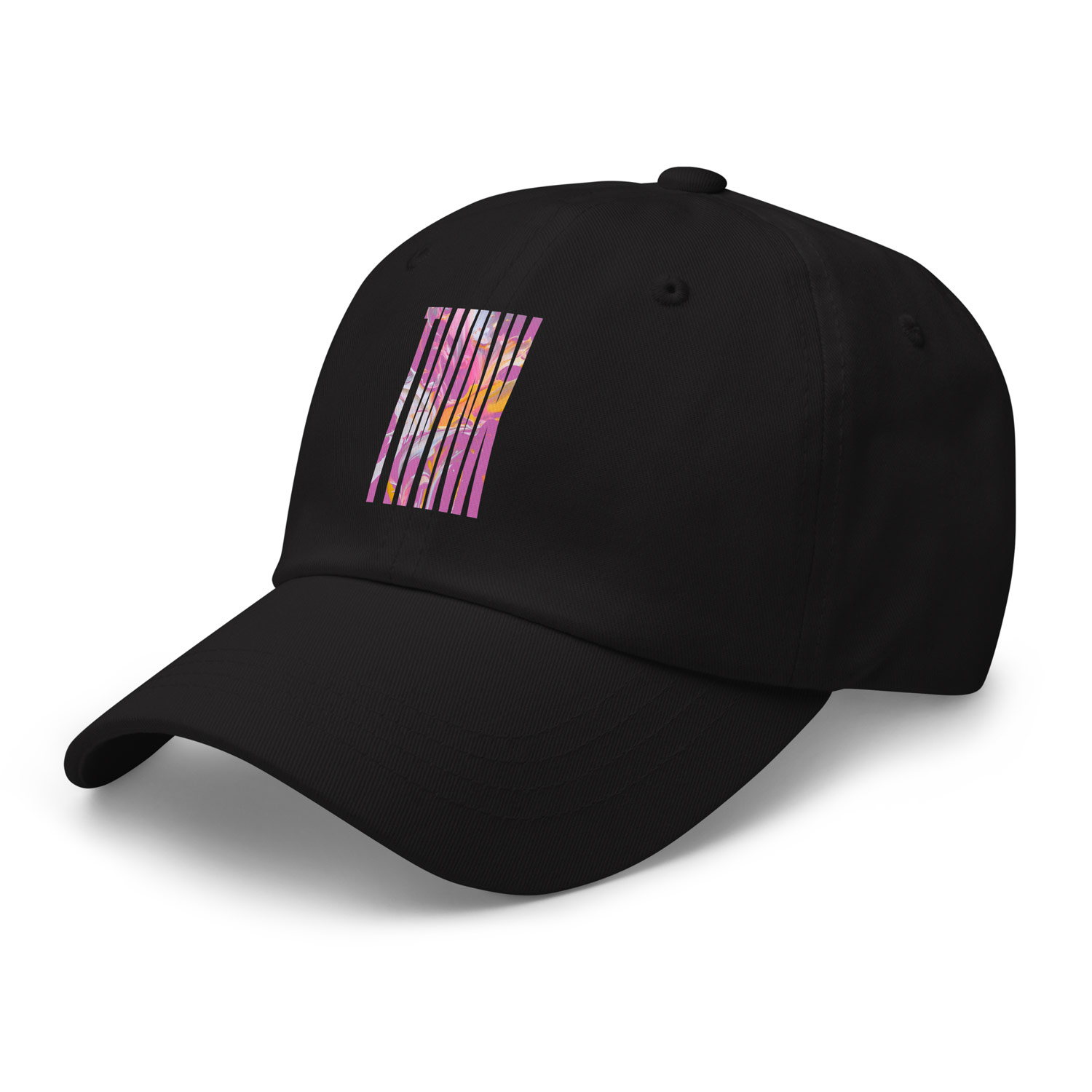 Lifestyle: model in black Gayer Things Twink pride cap outdoors — marble TWINK lettering, casual streetwear