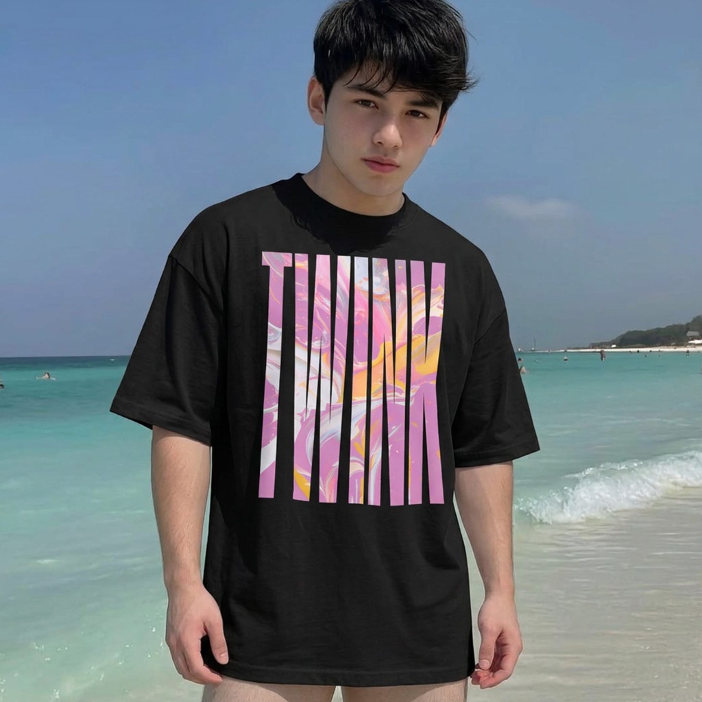 Folded black Gayer Things Twink organic oversized T-shirt flat lay — barcode-stripe overlay on marble graphic