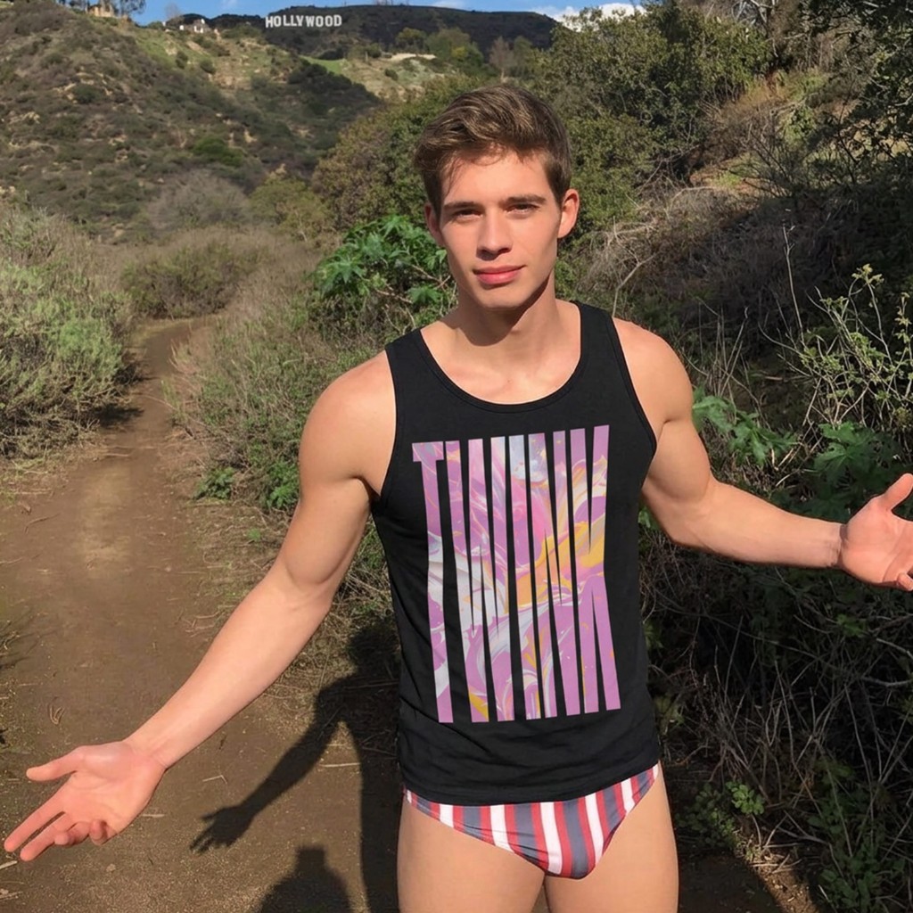 Model on a Hollywood Hills trail in black Gayer Things Twink pride tank — marble TWINK graphic, Hollywood sign in distance