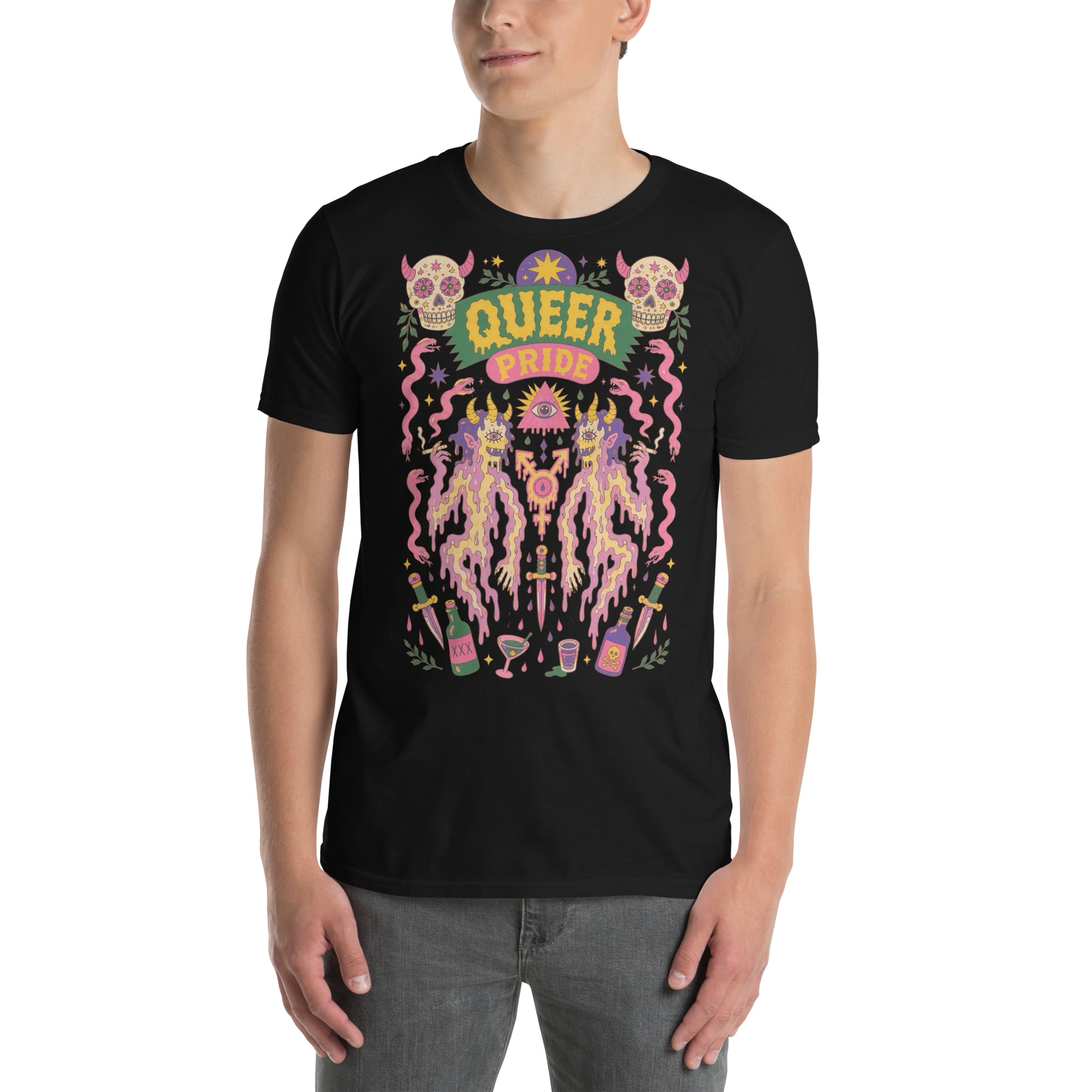 Model wearing Queer Pride ‑ Unisex T‑Shirt in Black