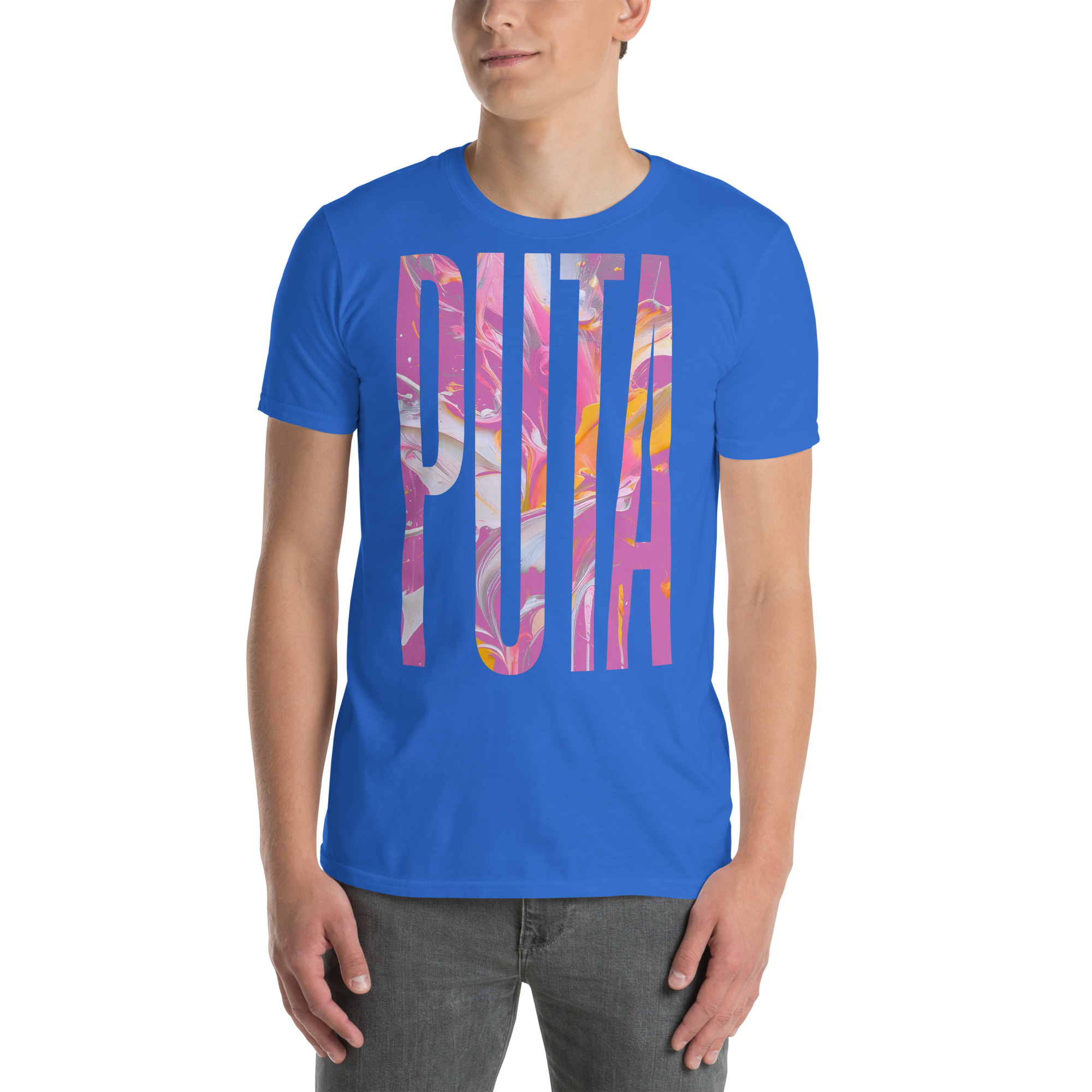 Model wearing Puta ‑ Unisex T‑Shirt in Royal