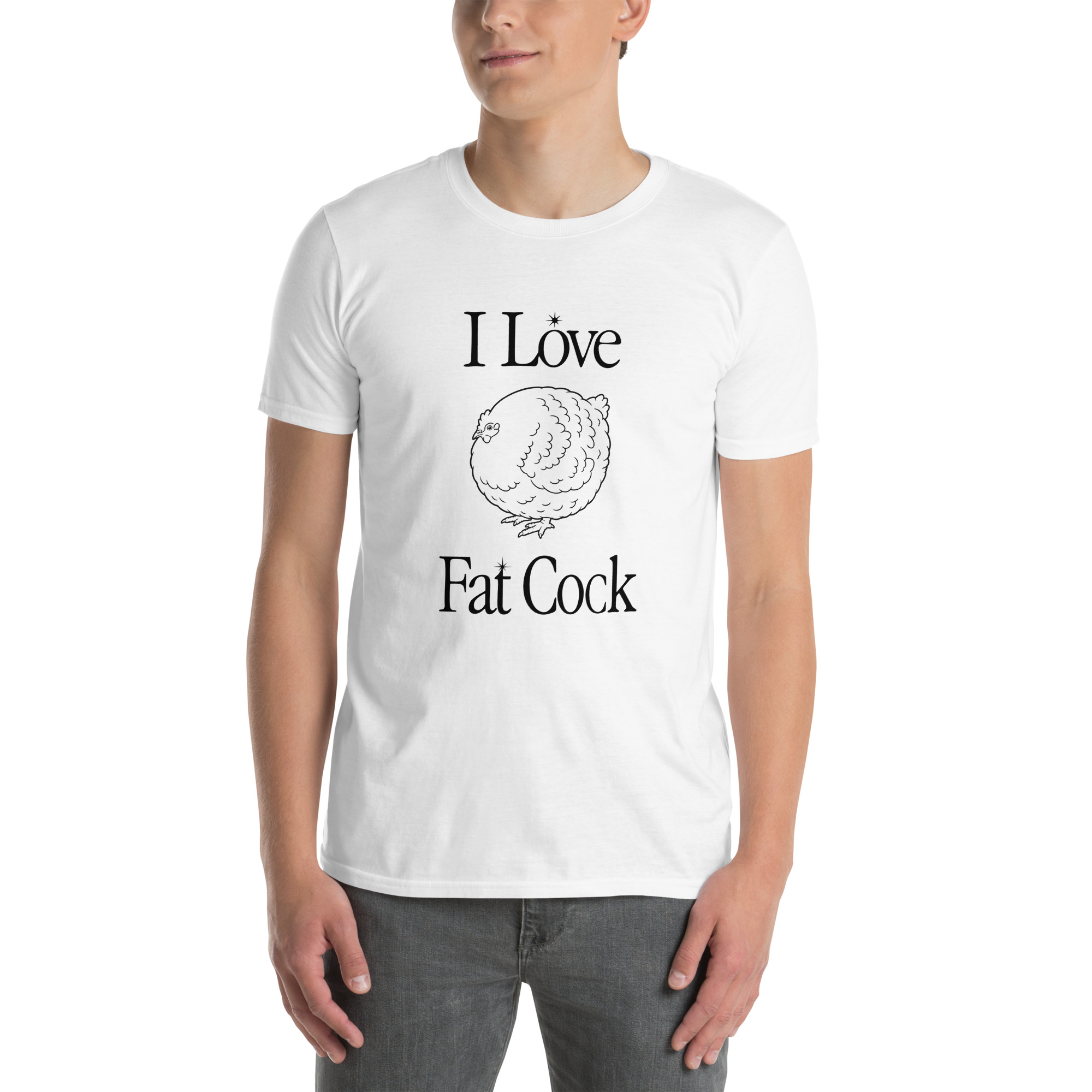 Model wearing I Love Fat Cock ‑ Unisex T‑Shirt in White